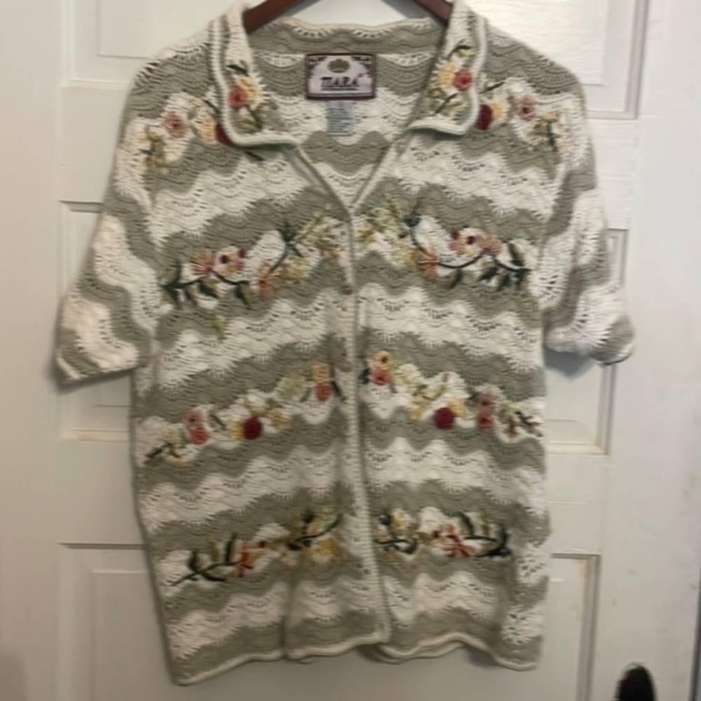 Tiara international crochet sweater with embroidery‎ over it. Size L